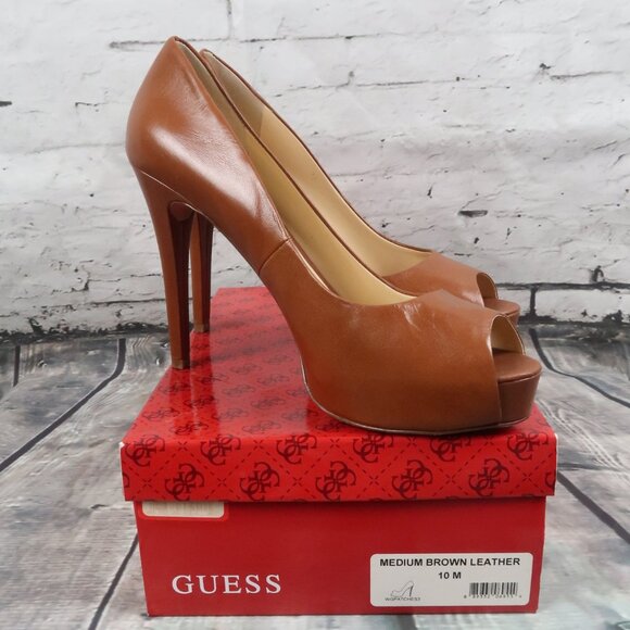 GUESS MEDIUM BROWN LEATHER OPEN TOE PLATFORM 5" PUMP SIZE 10 NEW WITH BOX - Picture 9 of 9